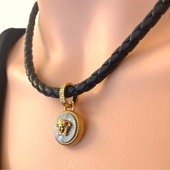 Versace Unisex Medusa Logo Gold tone Nickel Free Braided Leather Necklace - Picture 9 of 17
